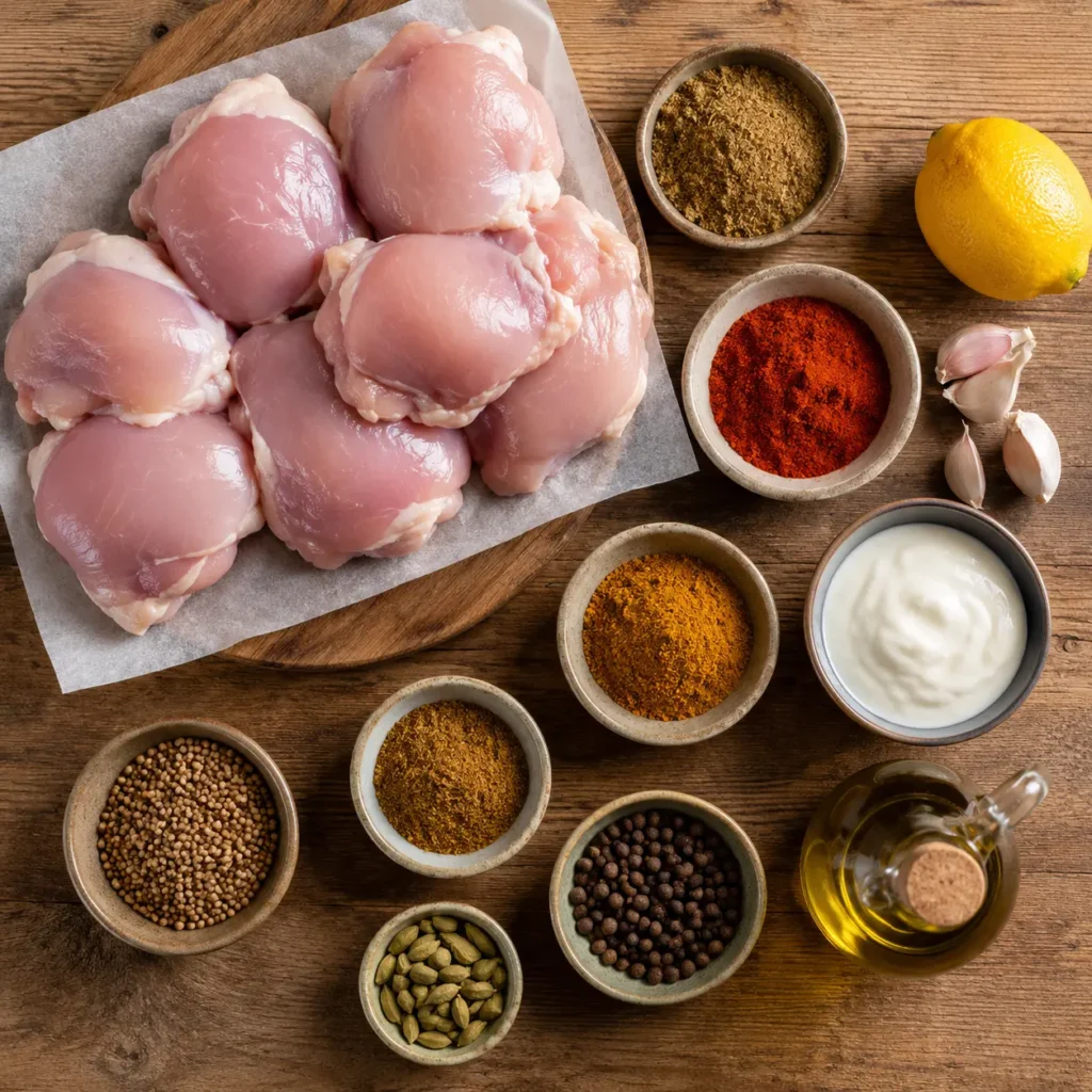Ingredients for easy chicken shawarma recipe: chicken thighs, cumin, paprika, turmeric, cardamom, allspice, yogurt, lemon, garlic and olive oil