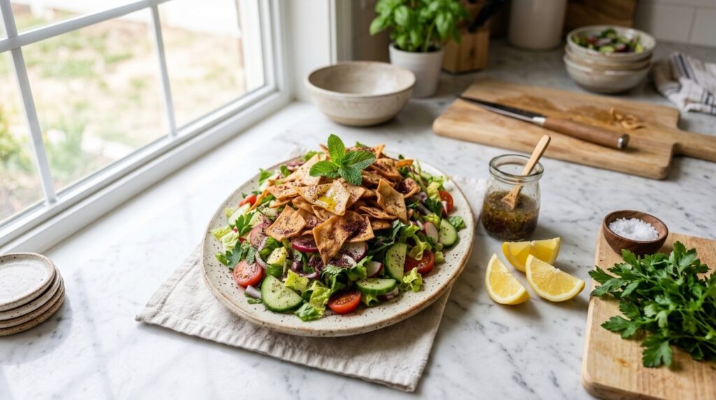 Fattoush salad with crisp pita, sumac, tomatoes and herbs in a serving bowl
