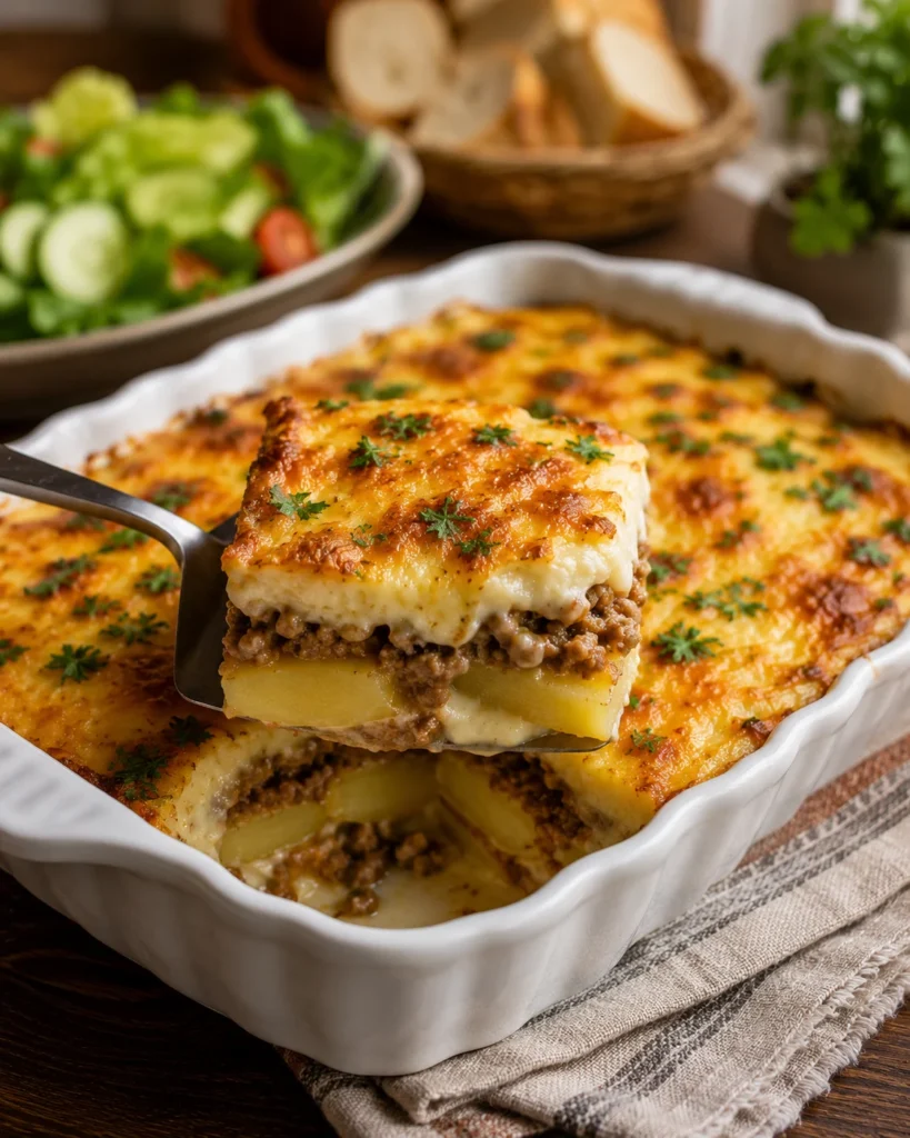 Algerian potato gratin with spiced beef and a golden cheese crust