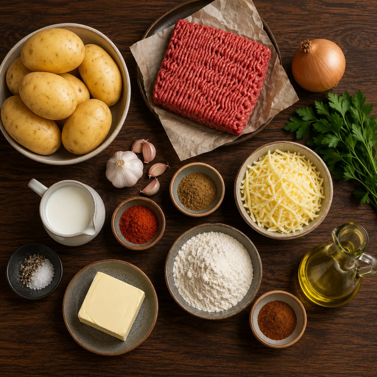 Ingredients for Algerian potato gratin: potatoes, ground beef, onion, garlic, cheese, milk and warm spices