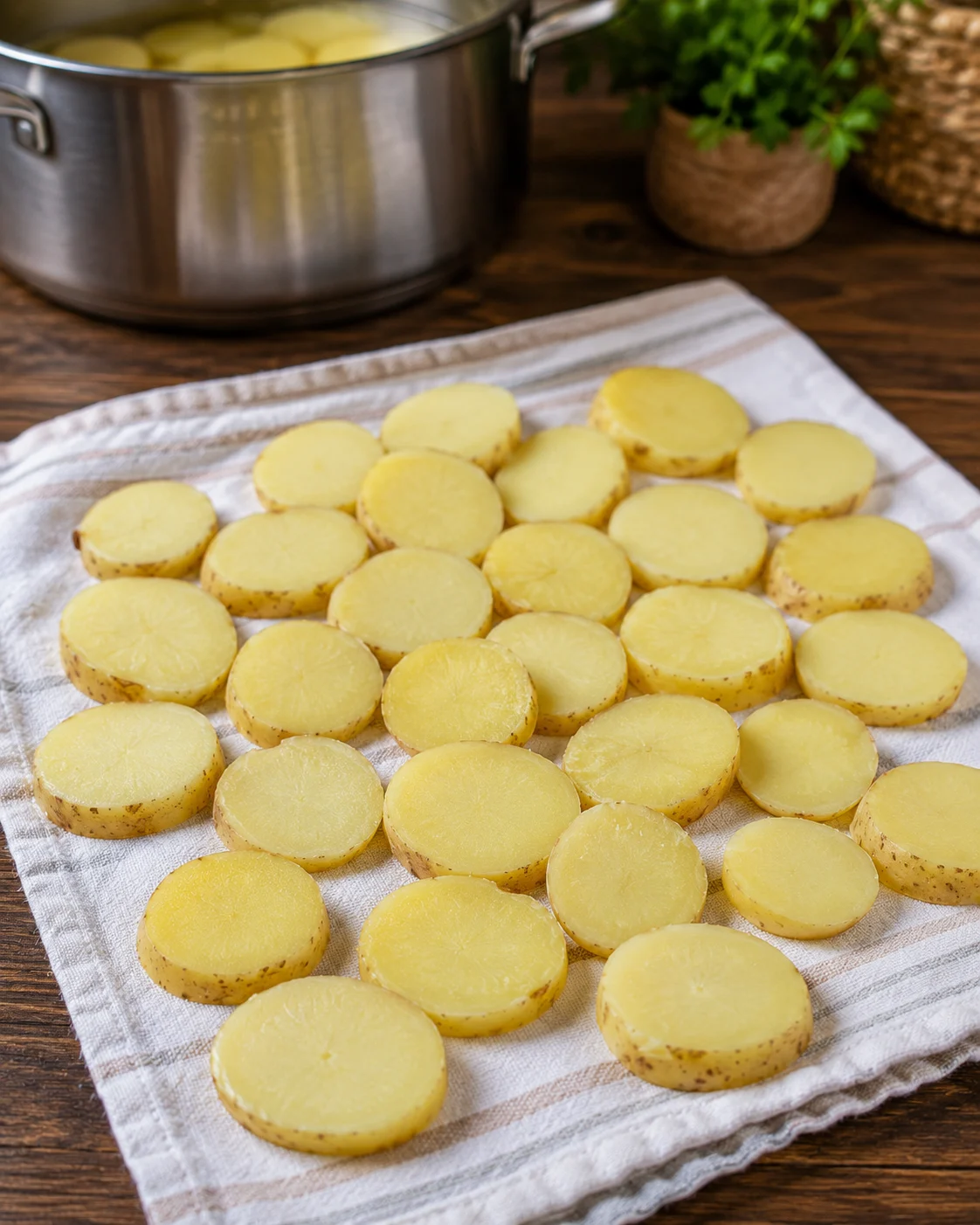 Parboiled potato rounds draining on a towel