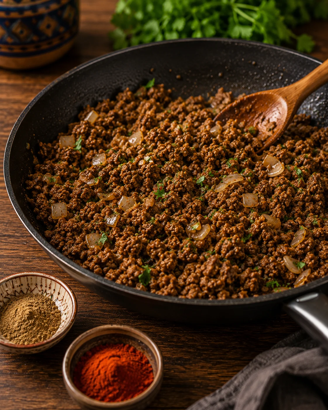 Spiced ground beef browning with cumin, paprika and cinnamon