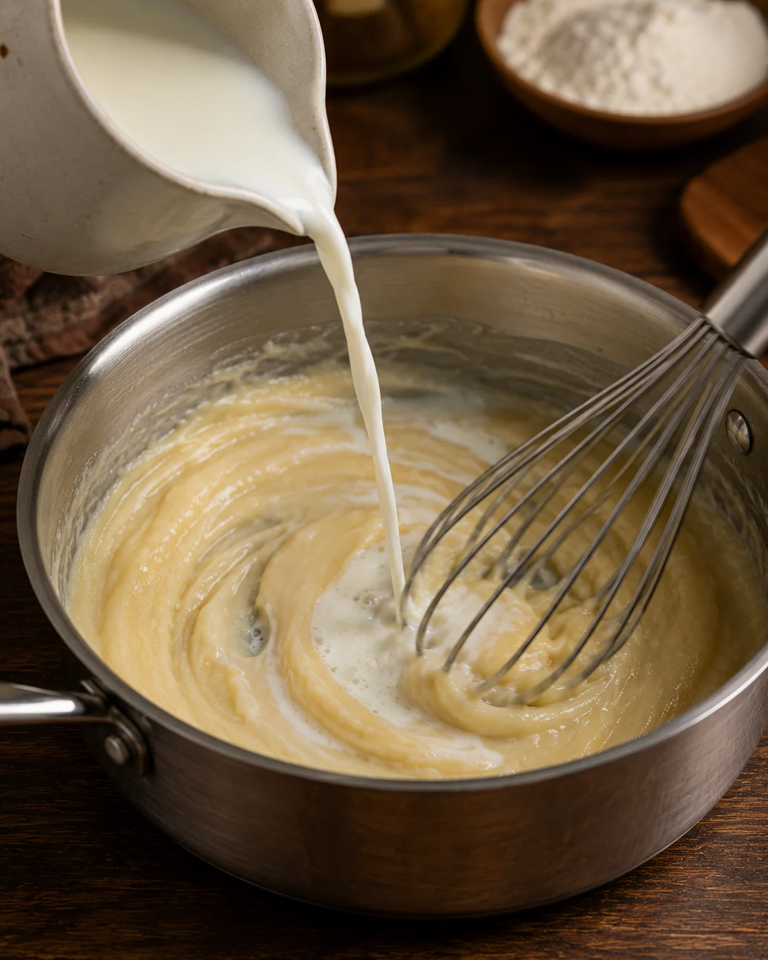 Whisking a quick bechamel sauce in a saucepan