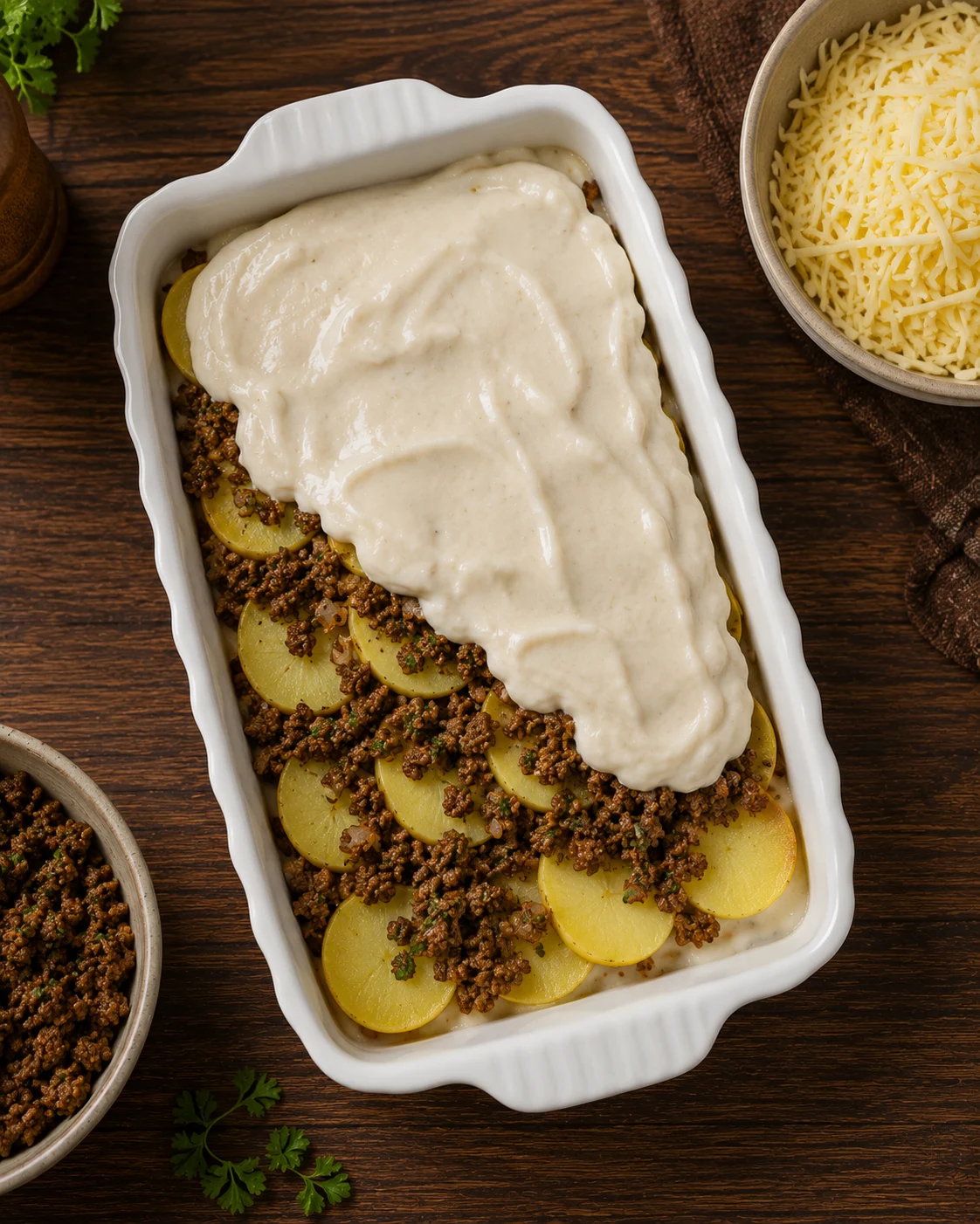 Layering potatoes, spiced beef and bechamel in a baking dish