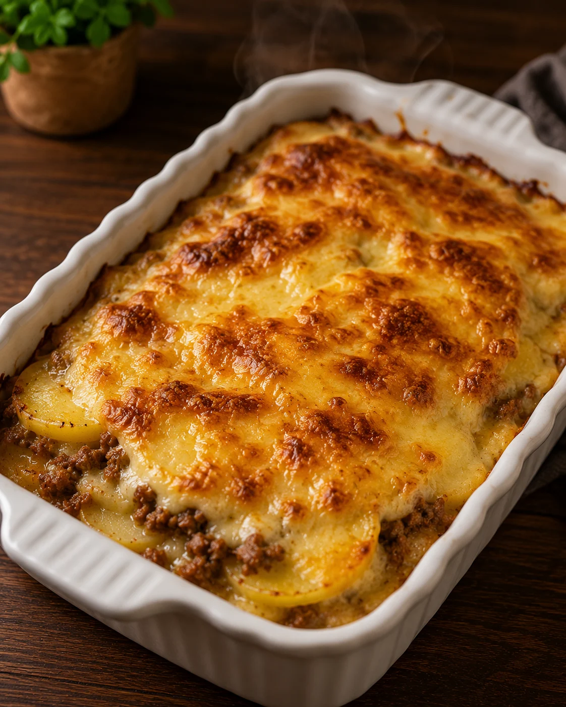 Golden baked Algerian potato gratin fresh from the oven
