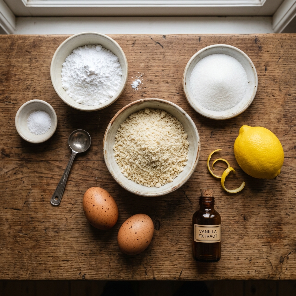 Ingredients for Moroccan almond cookies: ground almonds, sugar, egg, lemon, vanilla and powdered sugar