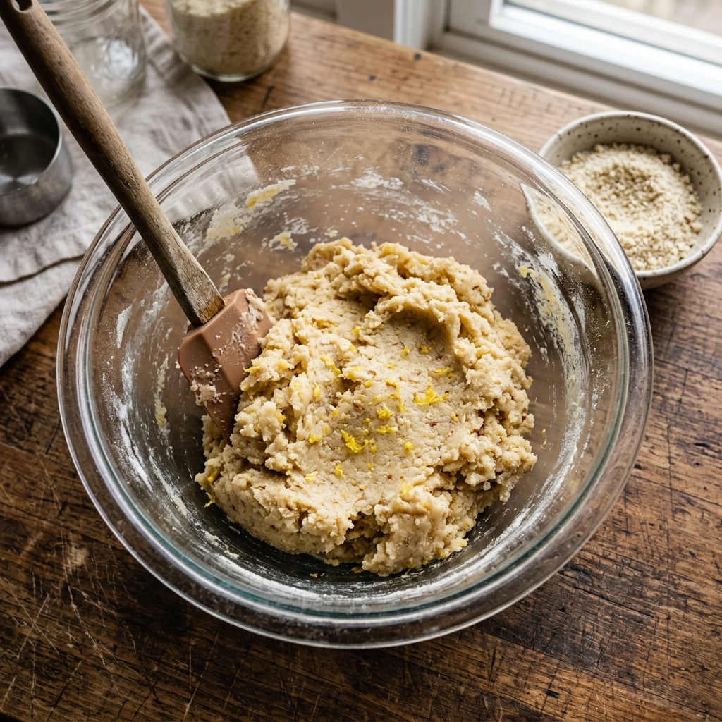 Mixing ground almonds into a soft, marzipan-like cookie dough