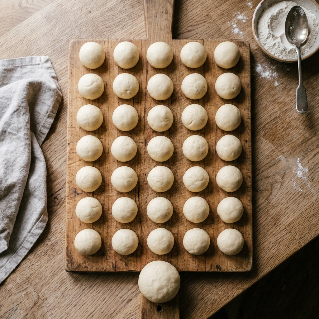 Rolling the almond dough into walnut-sized balls with damp hands