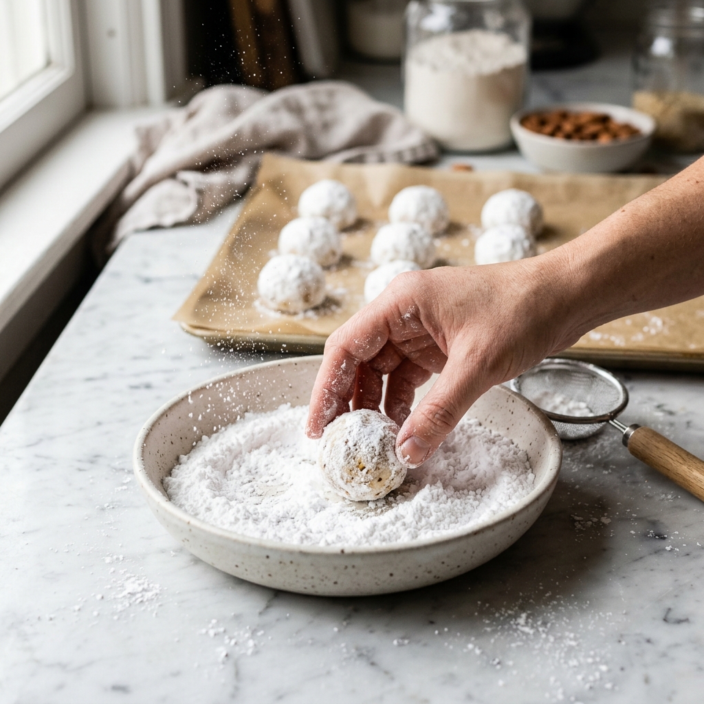 Coating the cookie balls generously in powdered sugar before baking