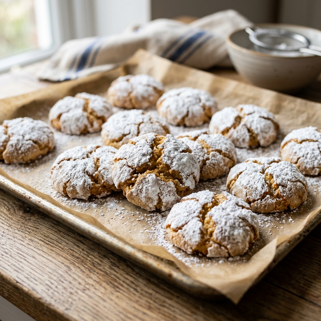 Baked Moroccan almond cookies with cracked snowy tops cooling on the tray