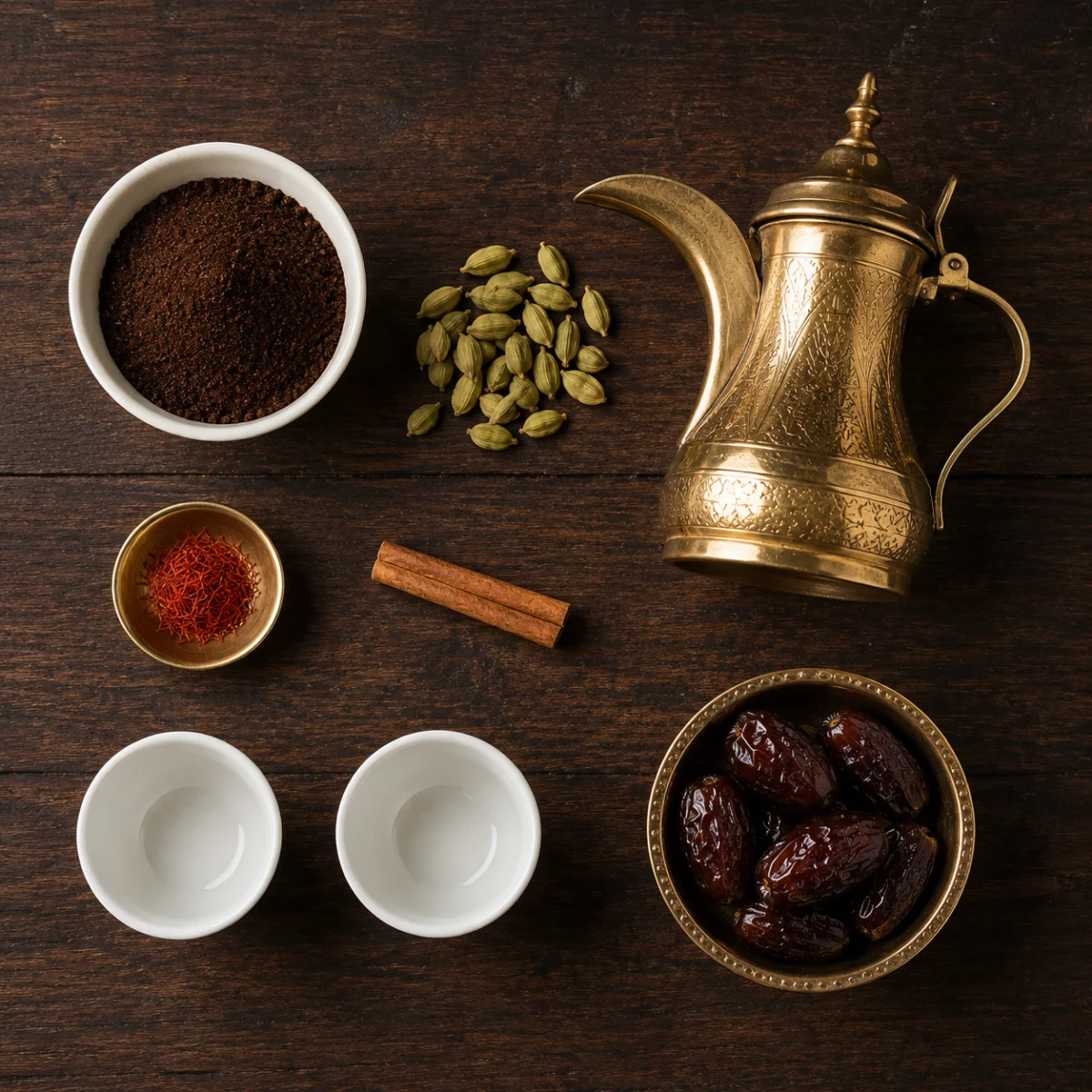 Ingredients for Arabic coffee: light roast coffee grounds, green cardamom pods, saffron and dates