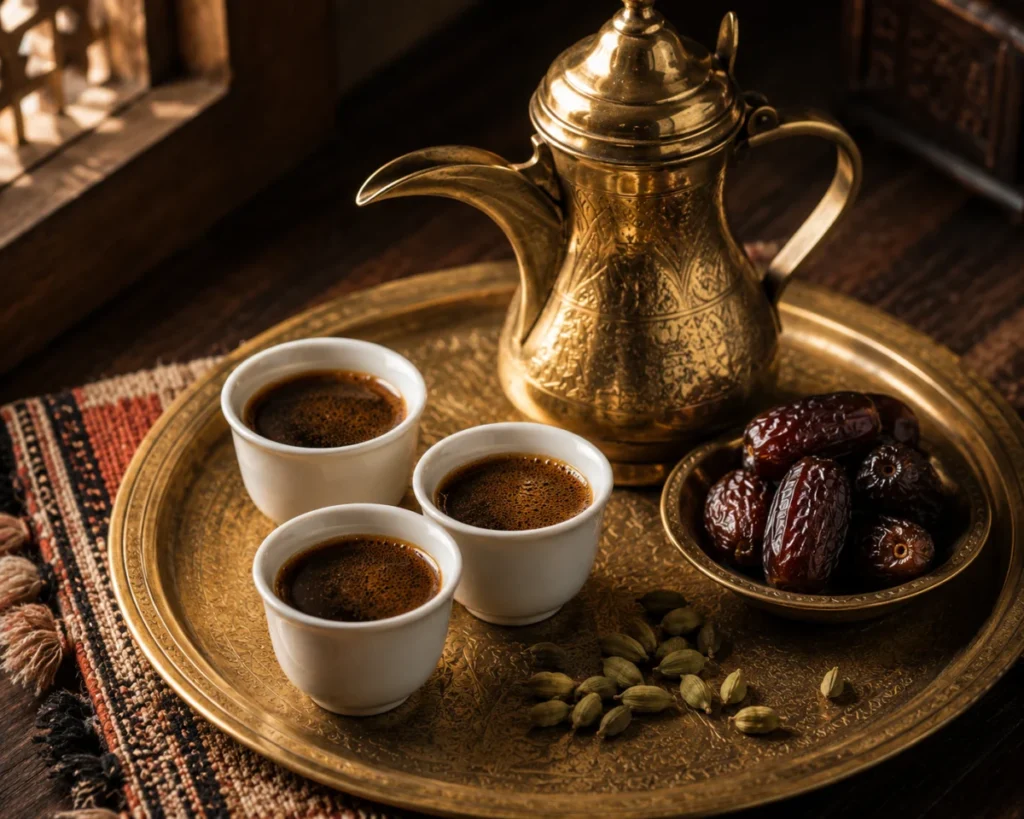 Arabic coffee recipe: pale gold cardamom qahwa poured from a dallah into small finjan cups with dates