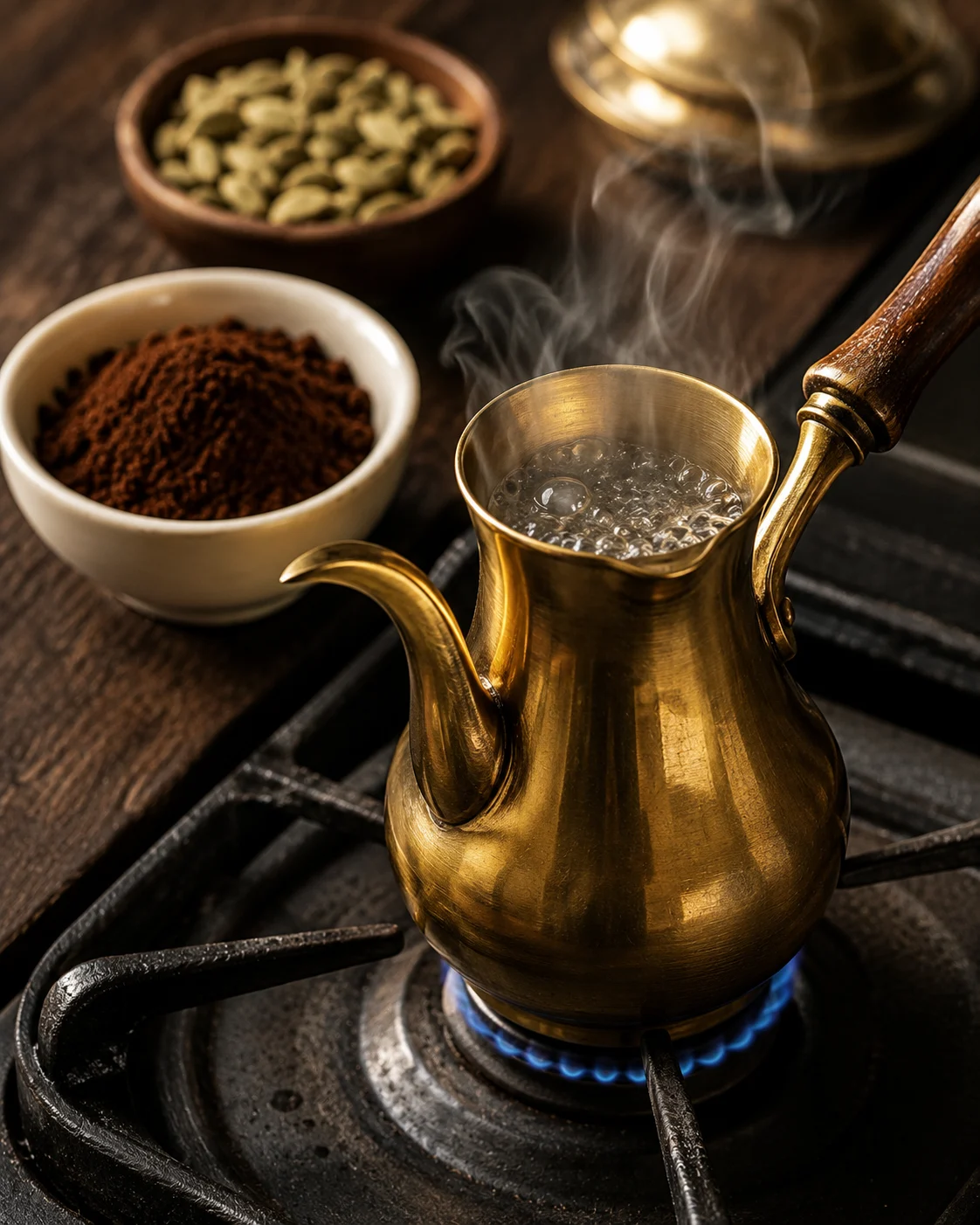 Water coming to a rolling boil in a long-spouted dallah coffee pot