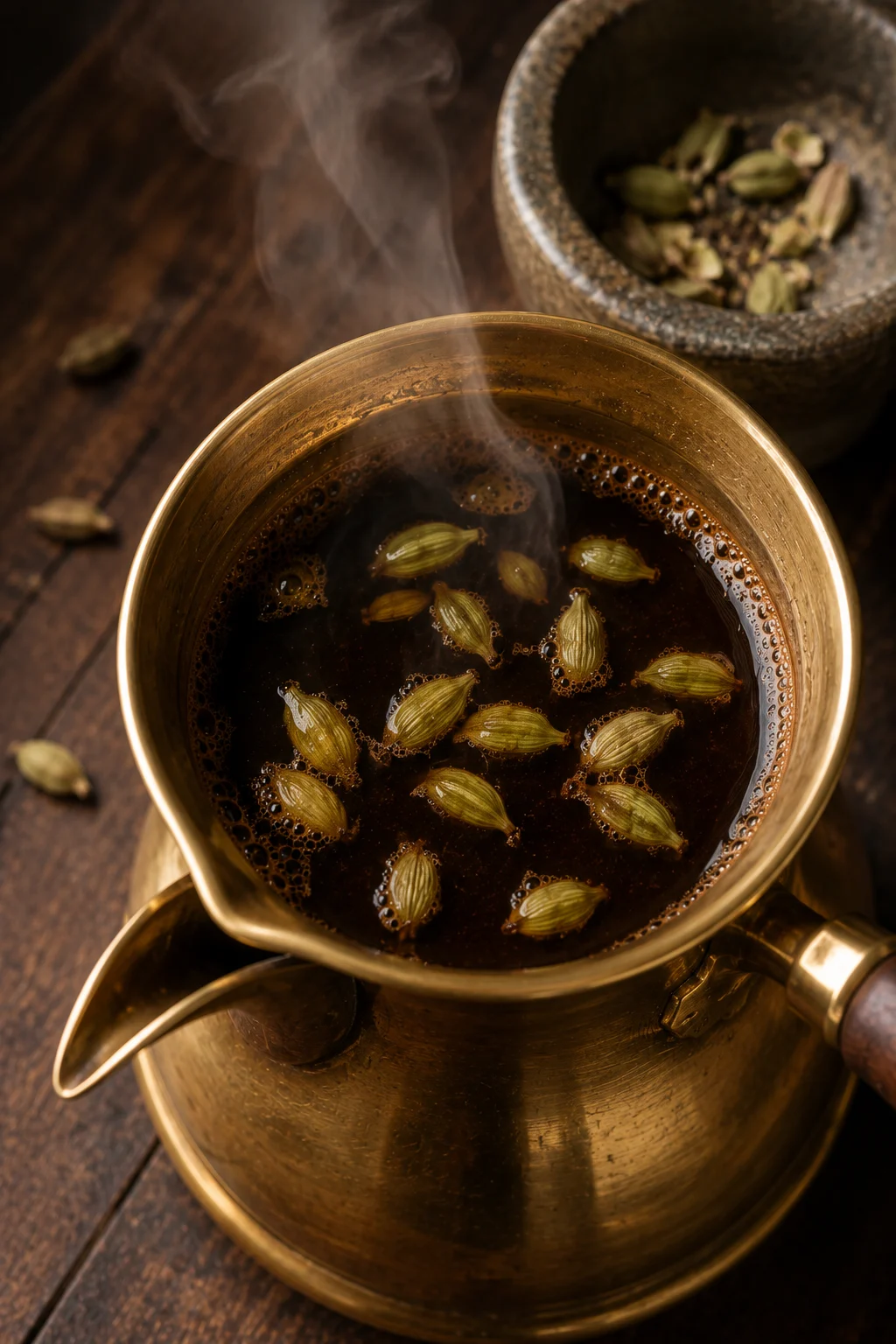 Adding cracked green cardamom to the simmering Arabic coffee