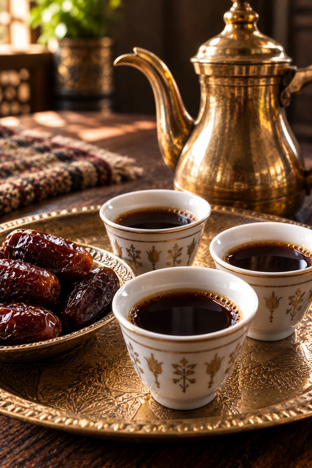 Straining pale gold Arabic coffee into small cups served with dates