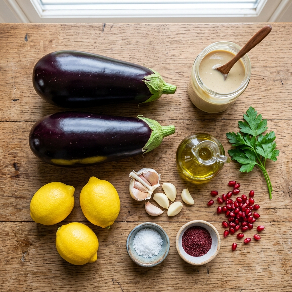 Baba ghanoush ingredients: eggplants, tahini, lemon, garlic and olive oil