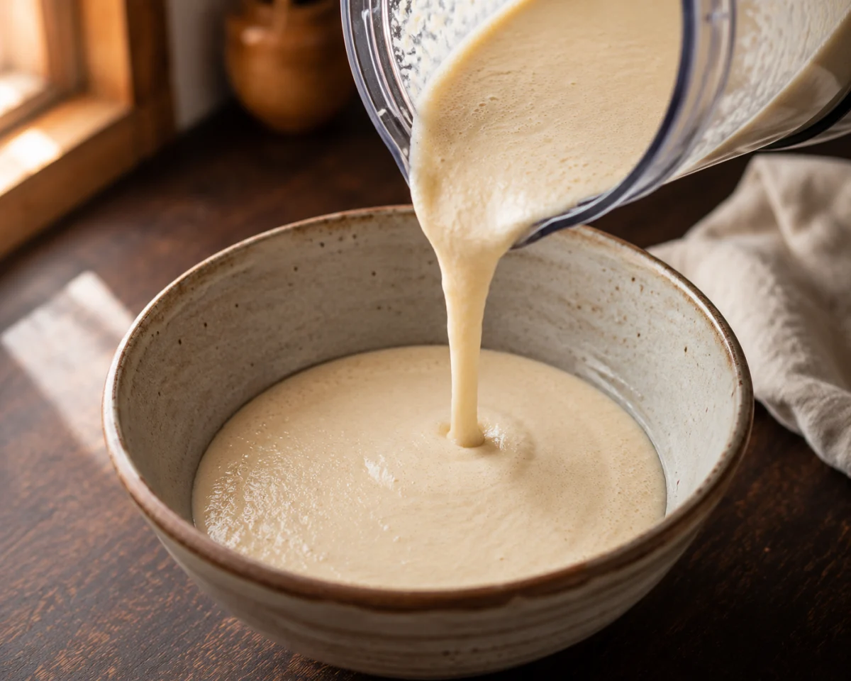 Blending thin baghrir batter until smooth as cream in a blender