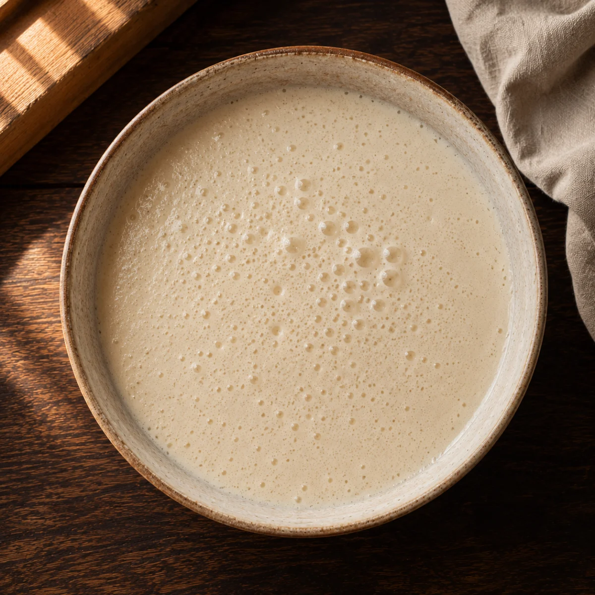 Rested baghrir batter foaming with bubbles breaking at the surface
