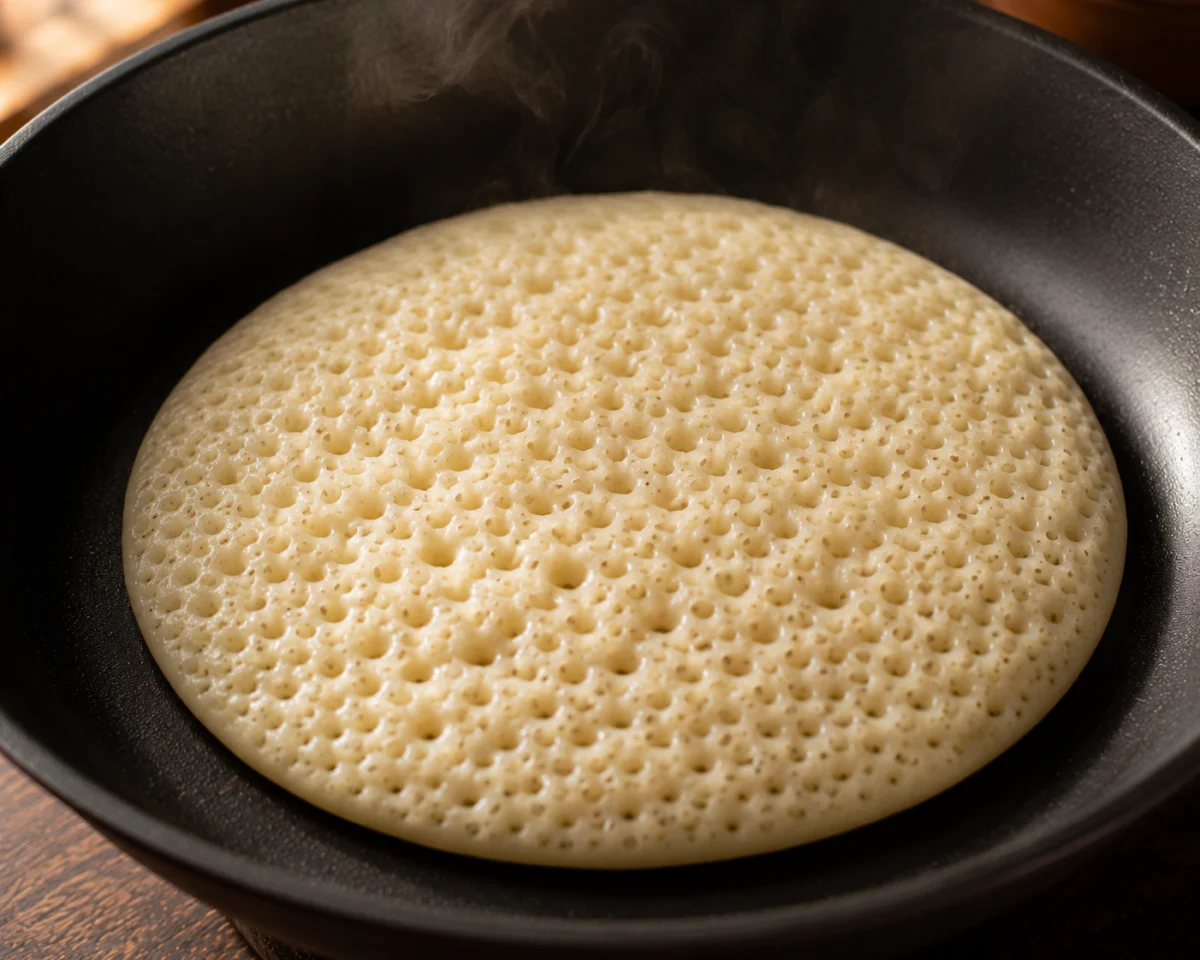 Baghrir cooking on one side in a dry pan as a thousand holes open across the surface