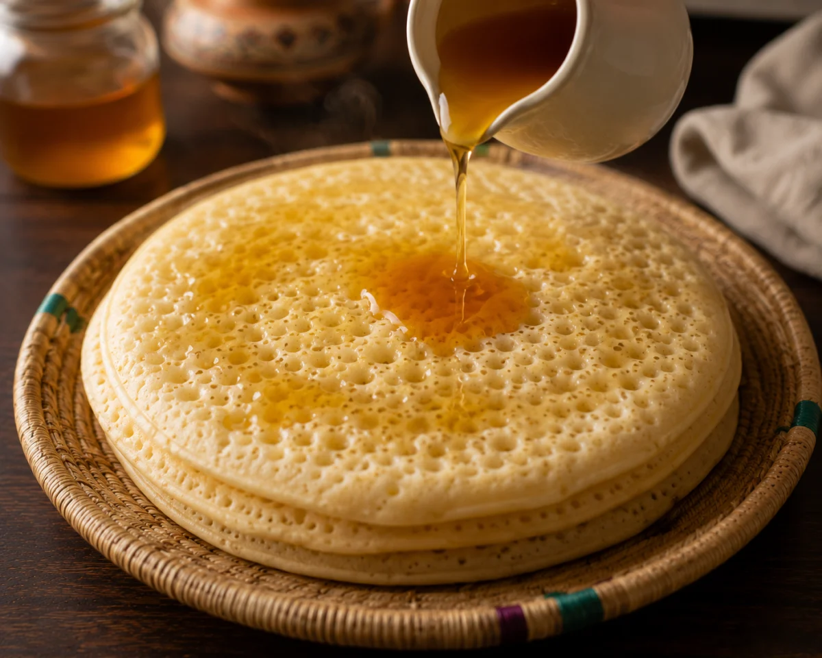 Pouring melted honey butter over a stack of baghrir pancakes holes facing up