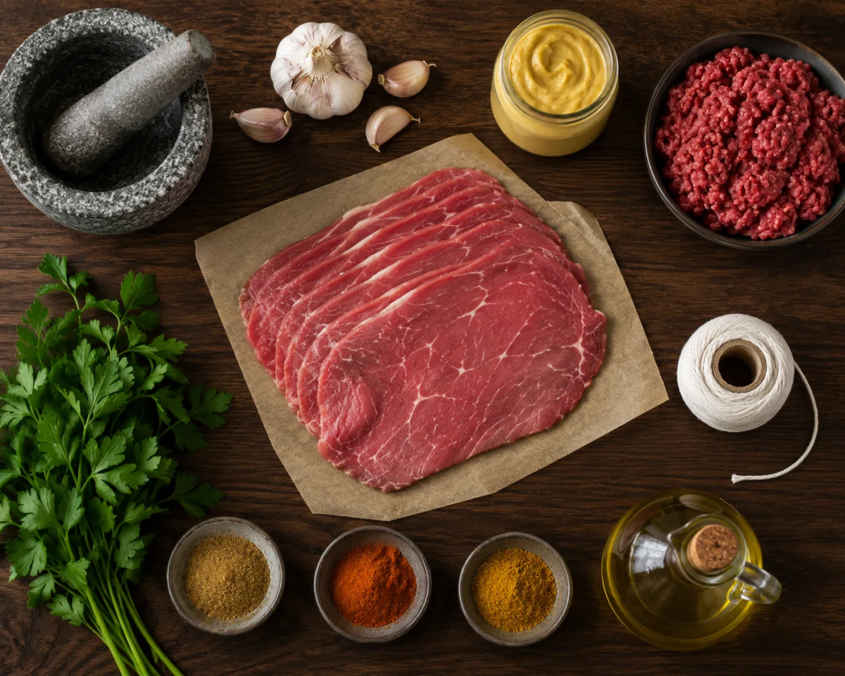 Ingredients for Algerian beef roulade: thin-cut beef, ground beef, garlic, paprika, cumin, mustard and parsley
