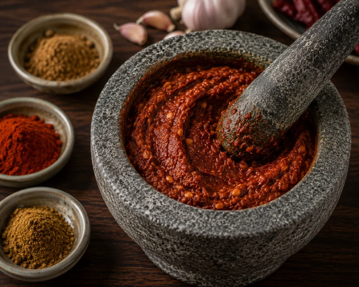 Pounding garlic, salt and spices into dersa paste in a mortar
