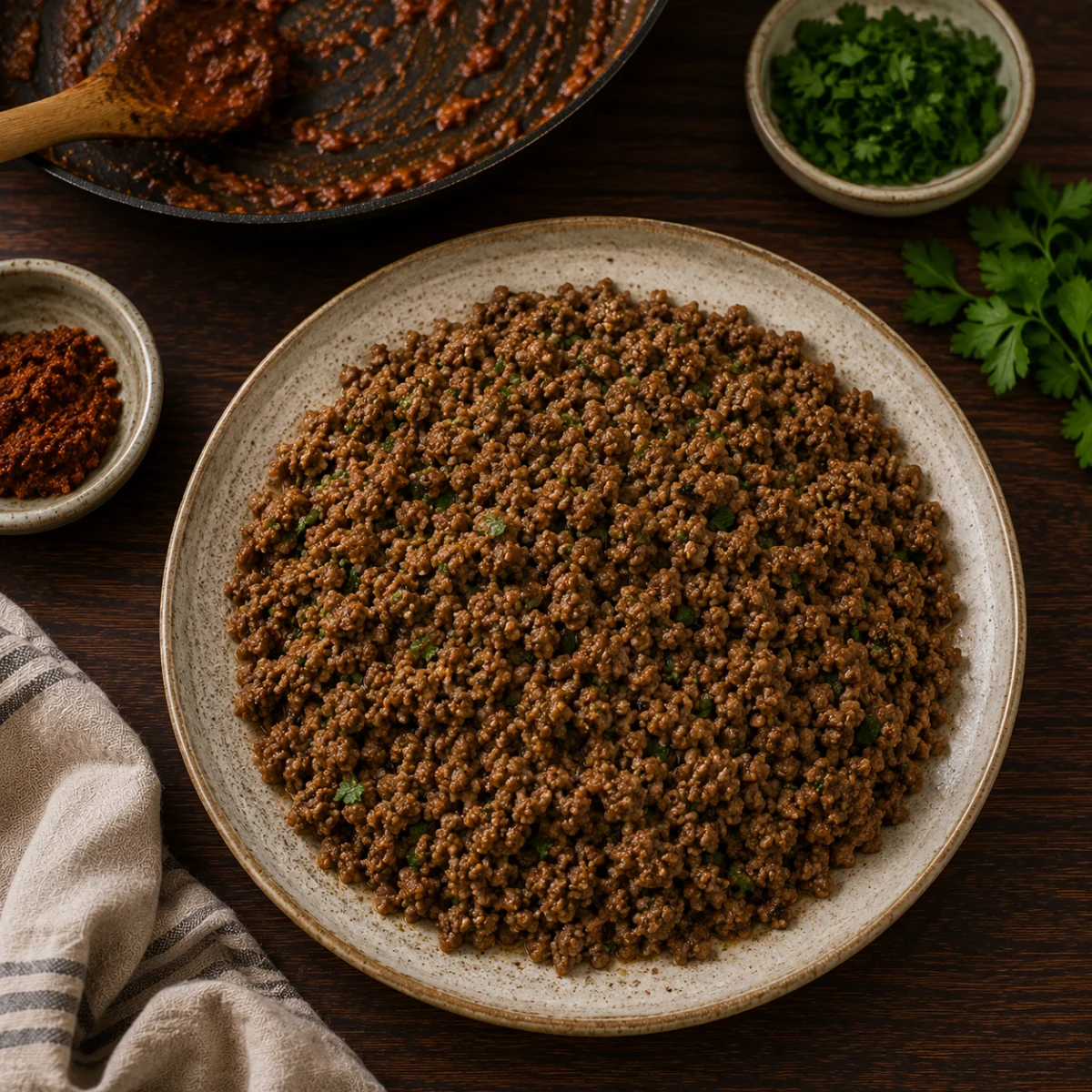 Cooking the ground beef stuffing with dersa and parsley in a skillet