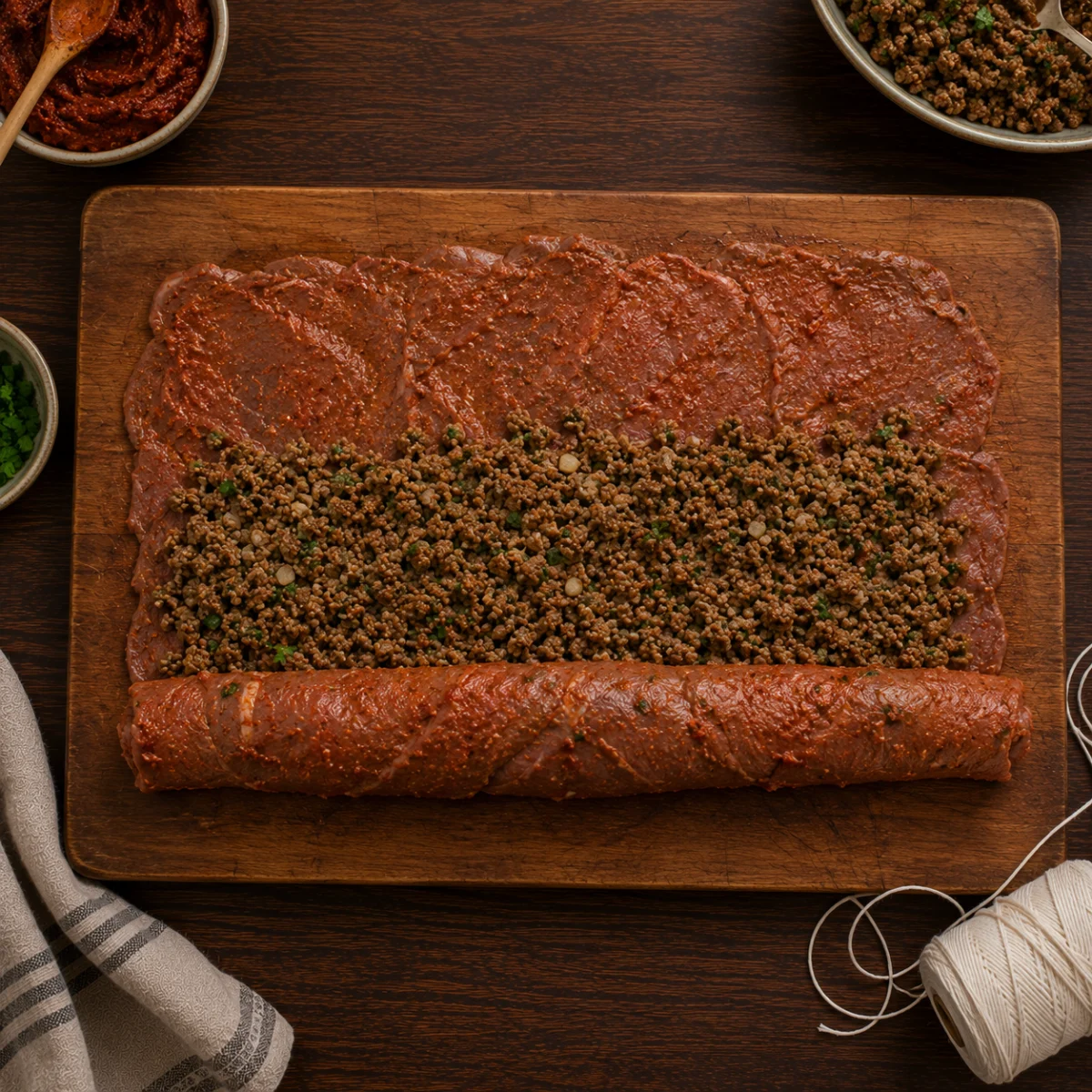 Spreading stuffing over overlapping beef slices and rolling into a tied log