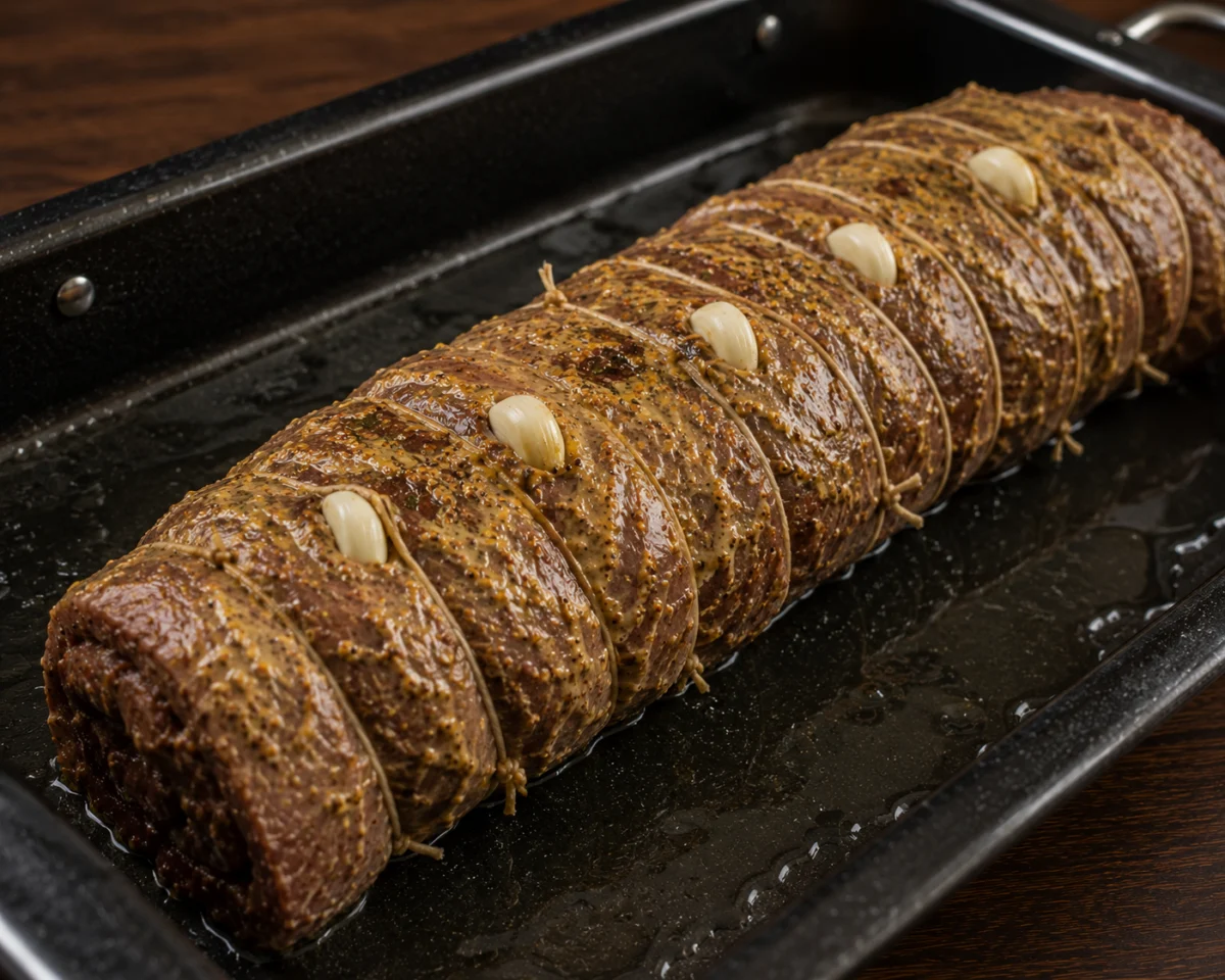Mustard-brushed beef roulade studded with garlic cloves roasting in a dish