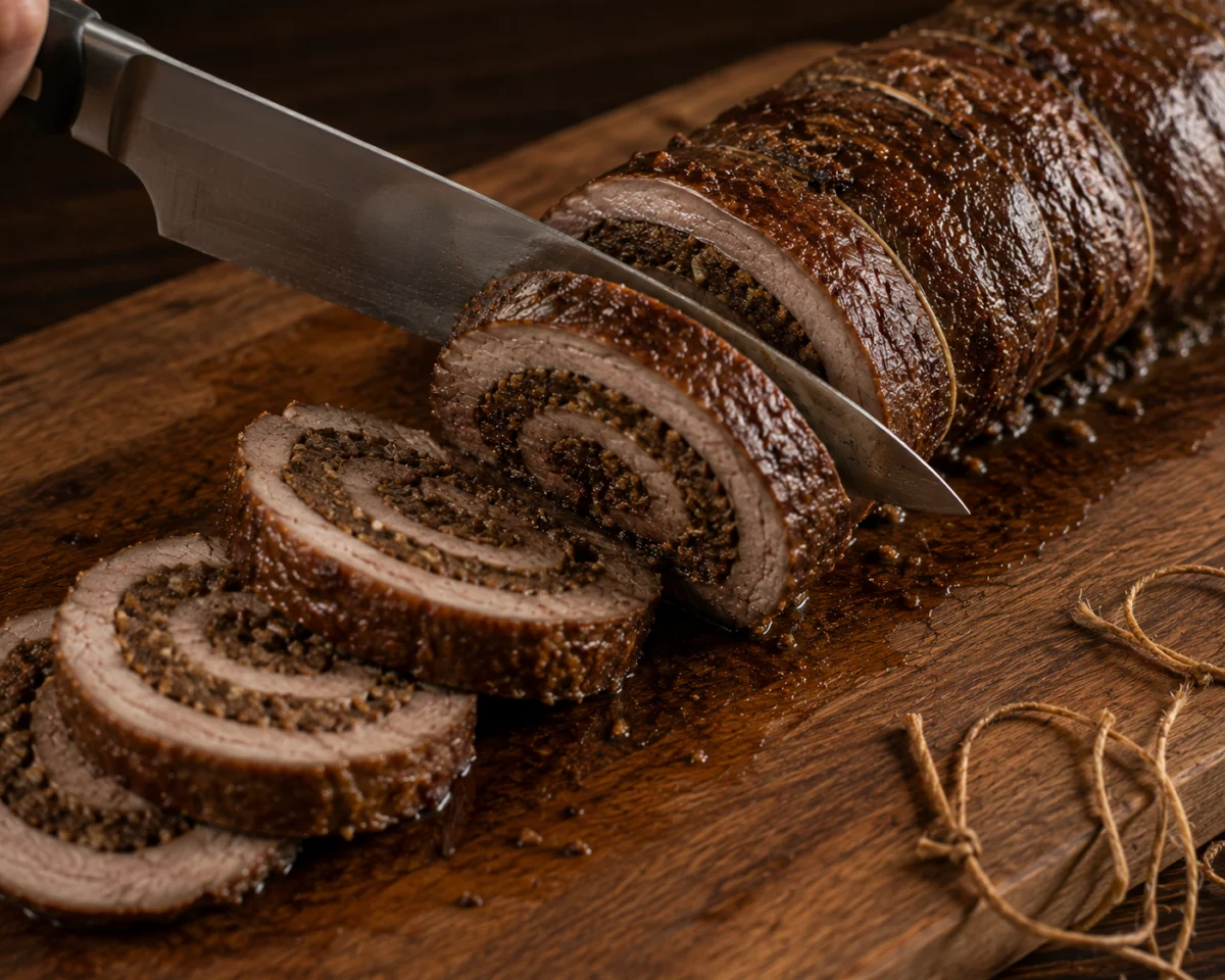 Resting the roulade then slicing it into pinwheels with a sharp knife