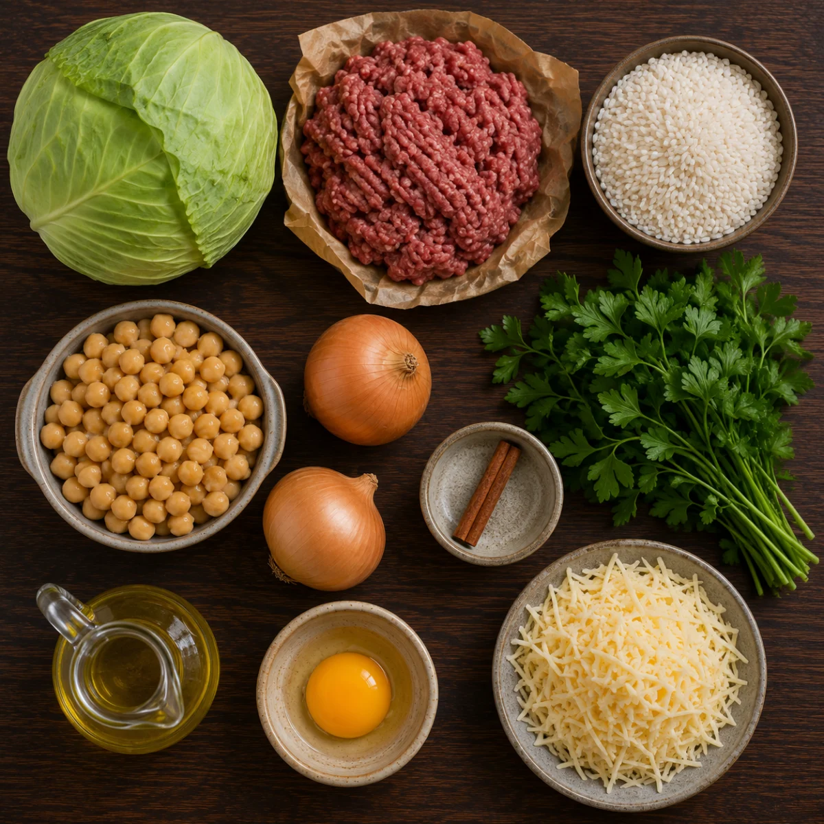 Ingredients for cabbage rolls gratin: green cabbage, ground beef, rice, chickpeas, onion, cinnamon and cheese
