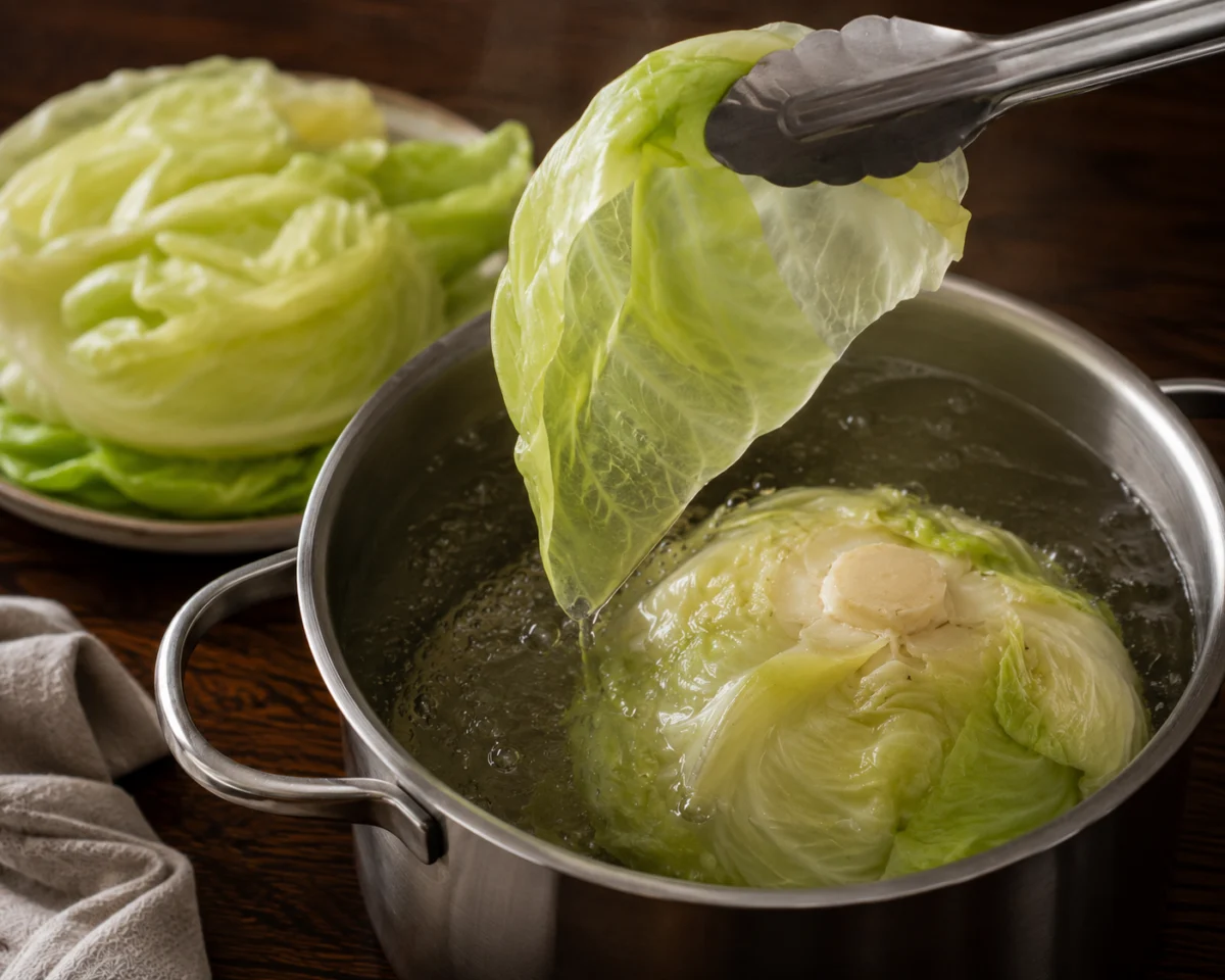 Blanching a whole cabbage head and peeling off softened leaves with tongs