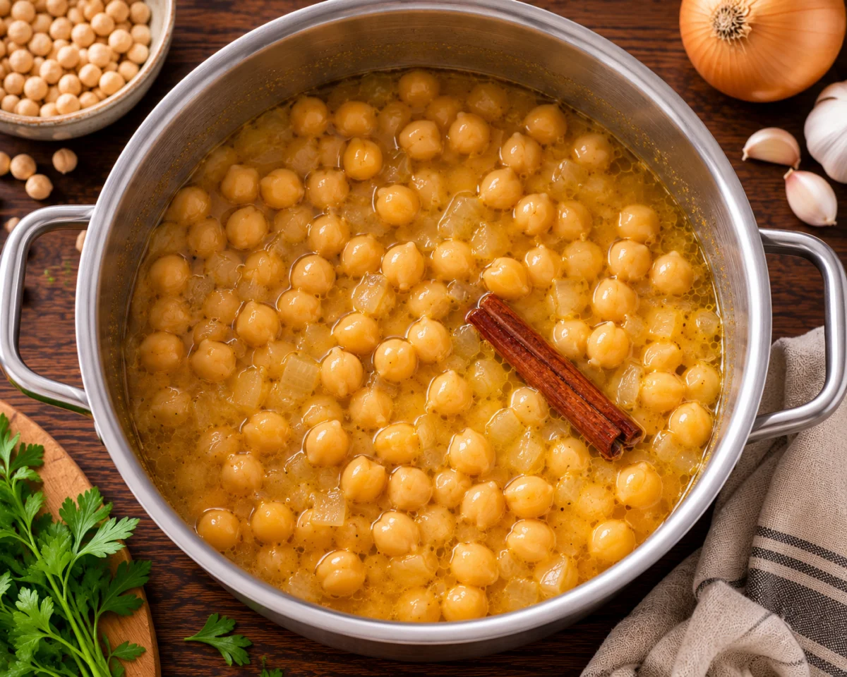 Simmering chickpeas with onion and a cinnamon stick to make the broth