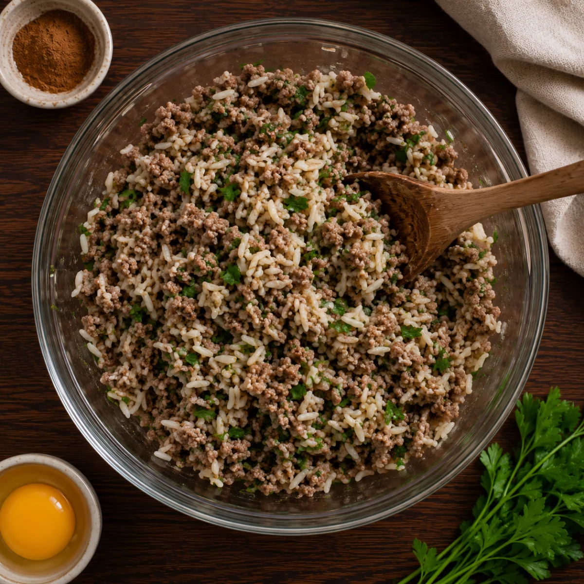 Mixing ground beef, parboiled rice, parsley and egg yolk for the filling