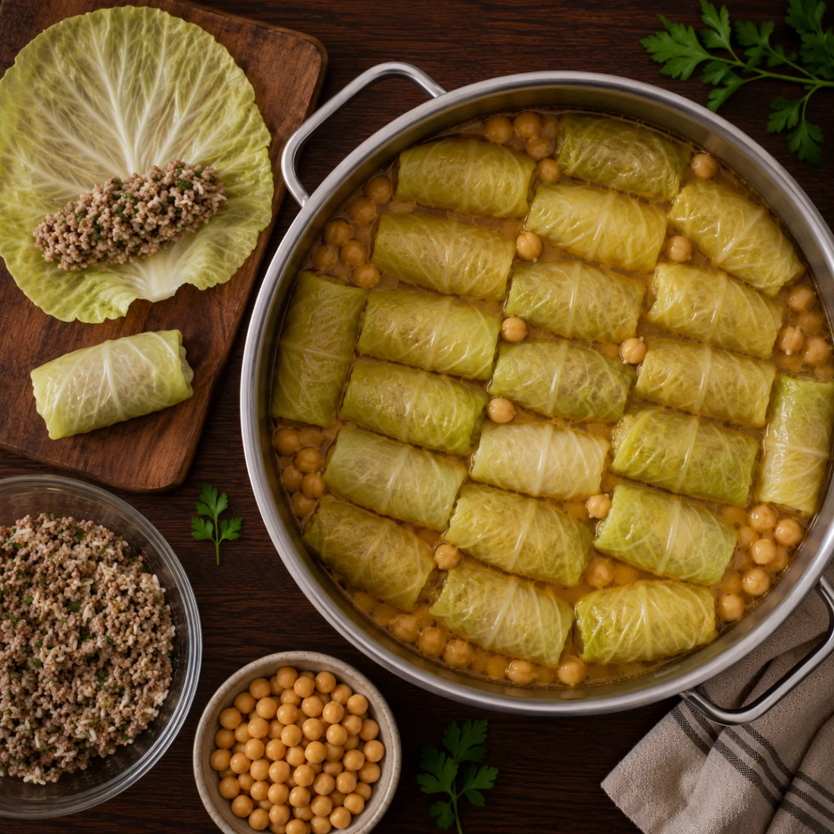 Rolling the cabbage leaves and nestling them seam side down in the broth