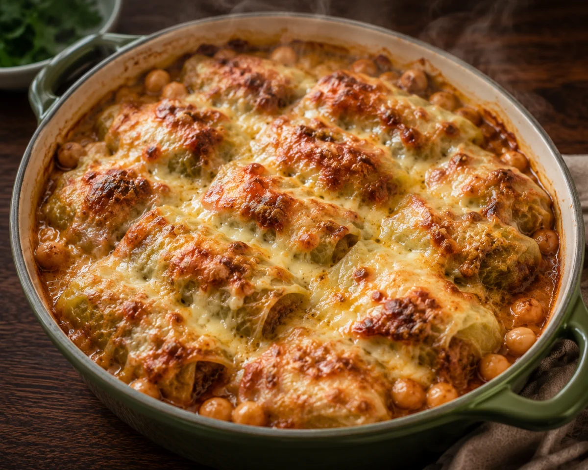 Cabbage rolls topped with cheese and baked until golden and bubbling