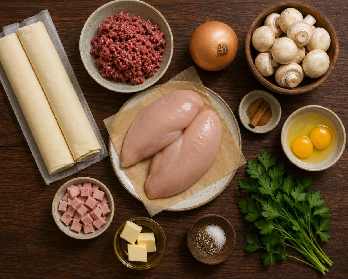 Ingredients for chicken and mushroom puff pastry pie: chicken breast, ground beef, mushrooms, onion, cinnamon and puff pastry