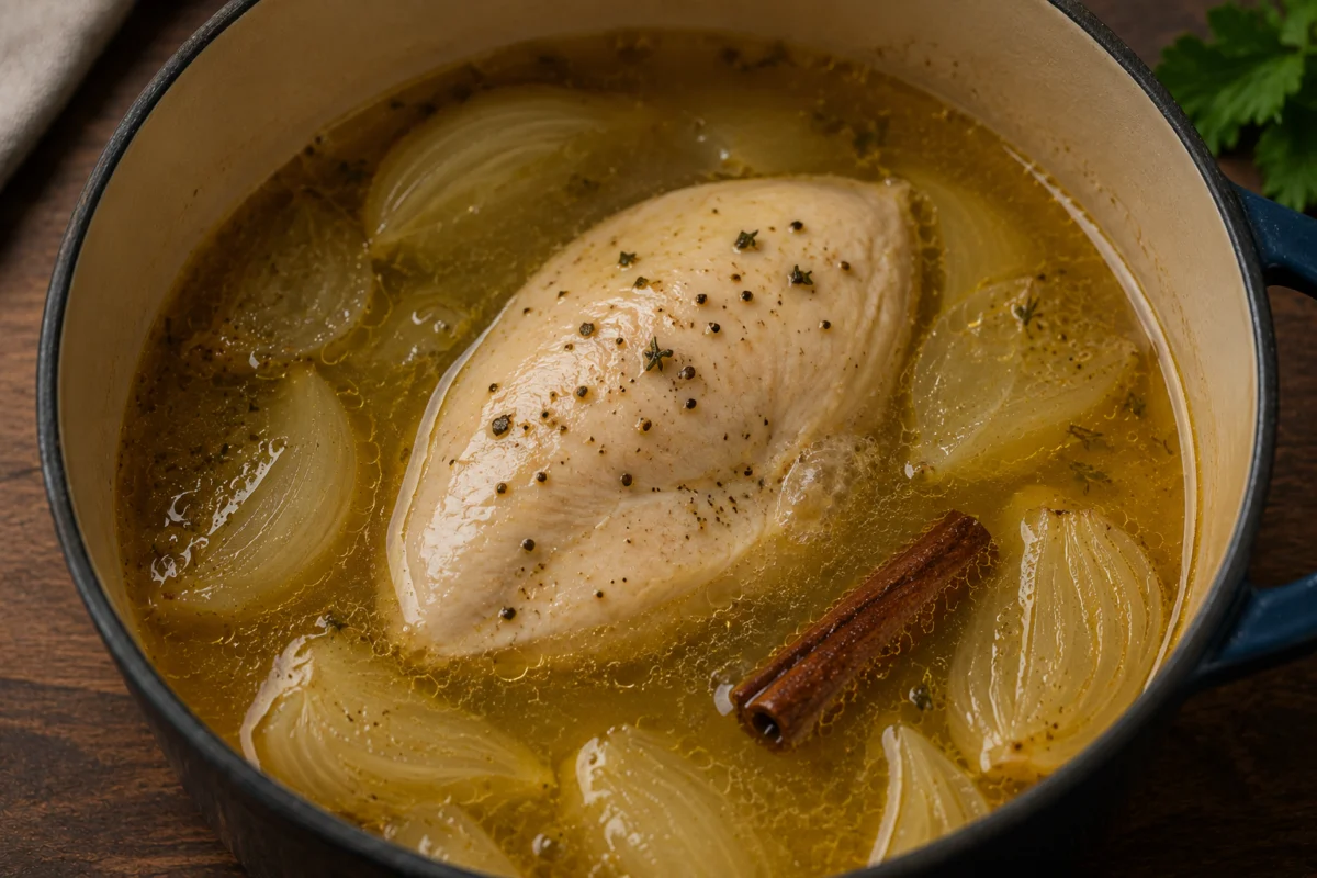 Poaching chicken breast with onion and a cinnamon stick in a small pot