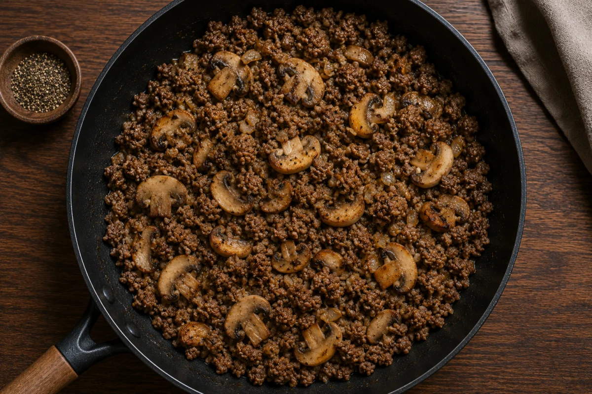 Cooking ground beef and sliced mushrooms until the pan is dry