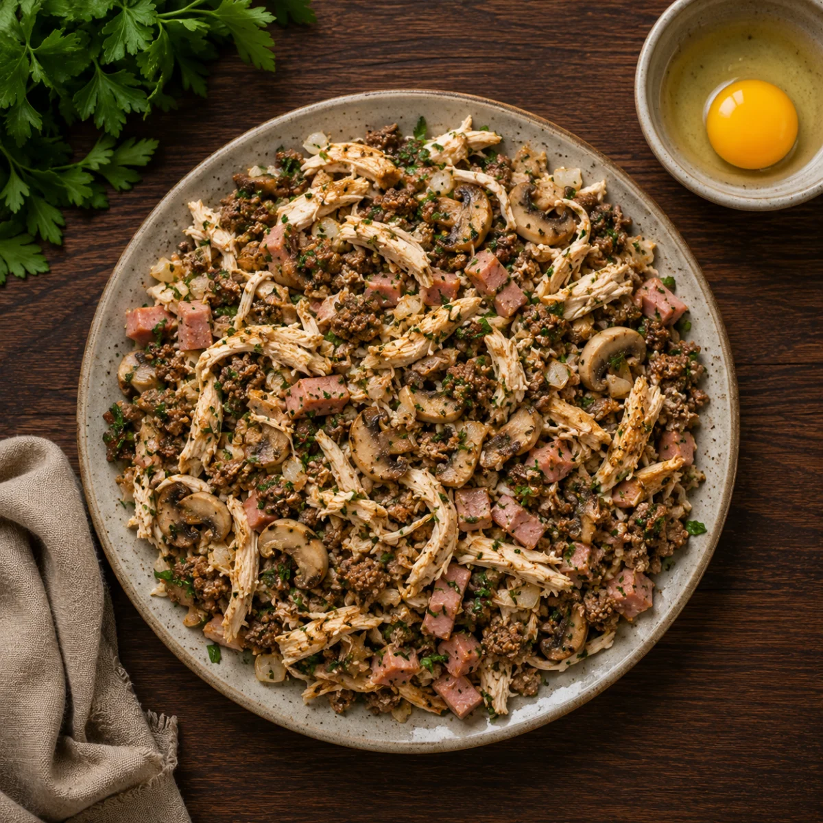 Shredded chicken combined with the beef and mushroom filling and cooled on a plate