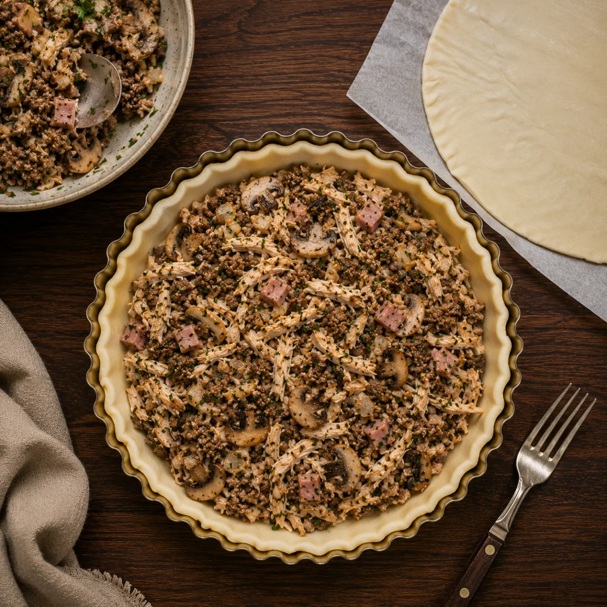 Lining the pie dish with puff pastry and capping the filling with a second sheet