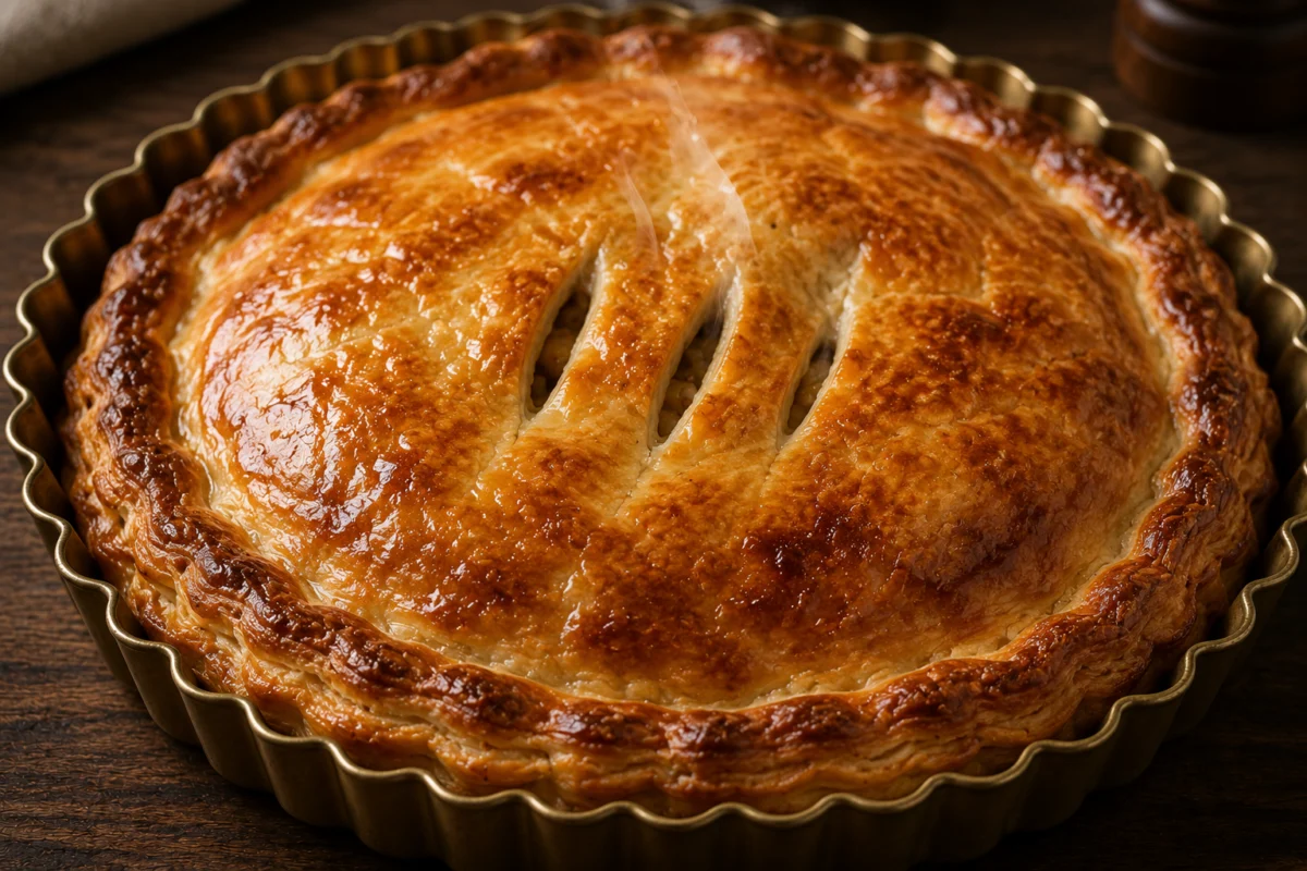 Egg-washed pie with vent slashes baked to a deep golden crust