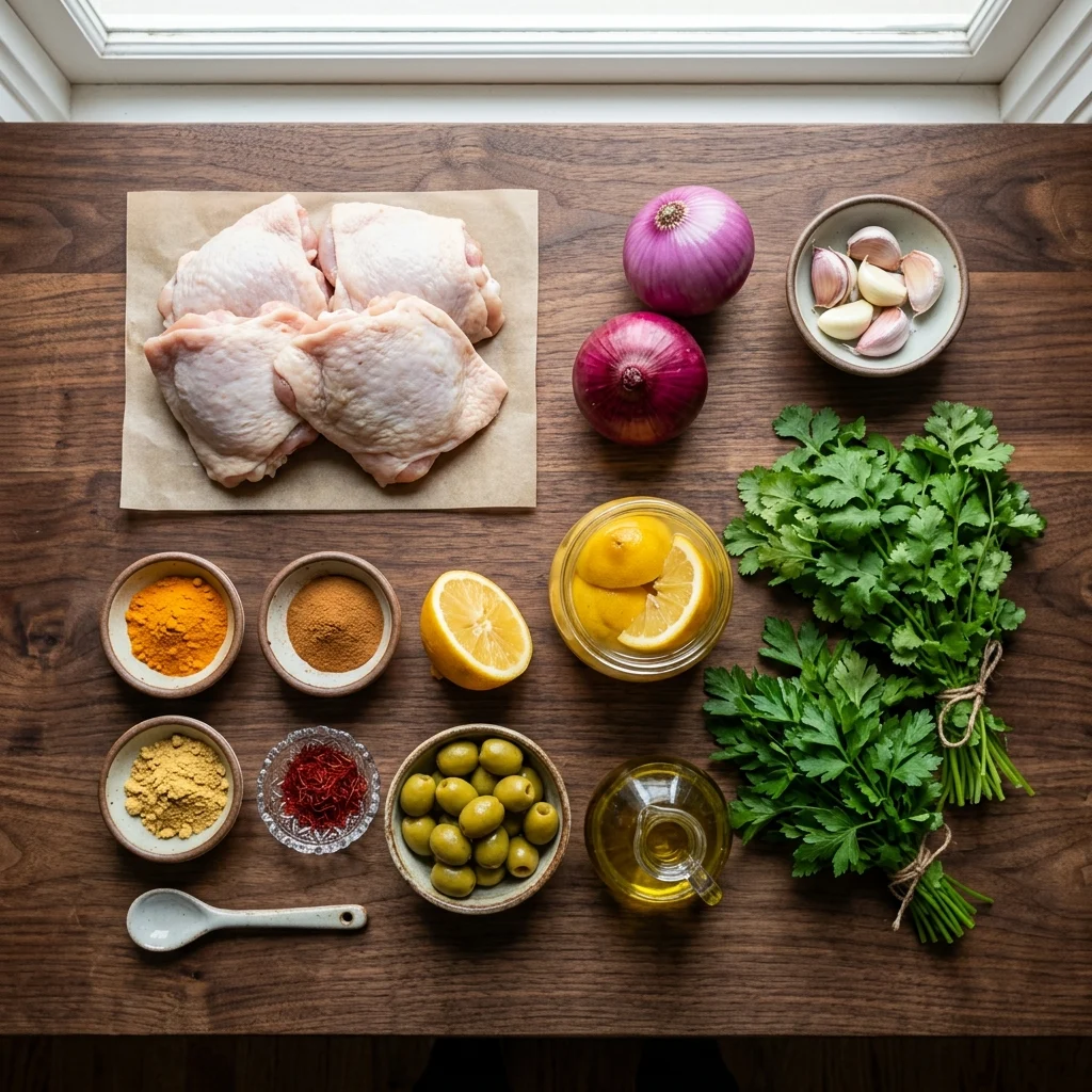 Ingredients for chicken tagine: bone-in chicken thighs, onions, garlic, preserved lemons, olives and warm spices