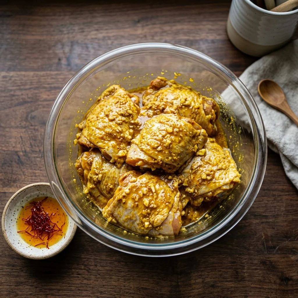 Chicken thighs rubbed with a Moroccan spice paste of ginger, turmeric and saffron