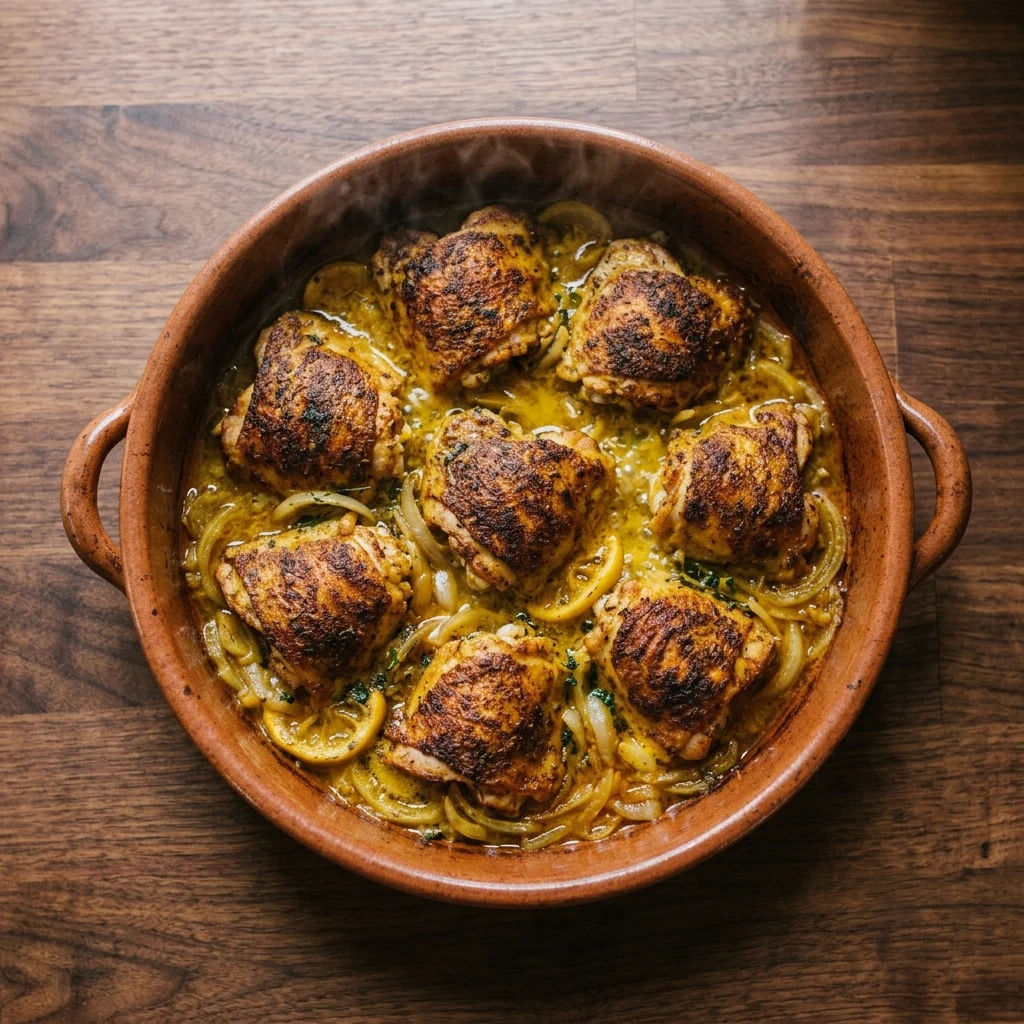 Chicken nestled on the onion bed simmering with a lid on
