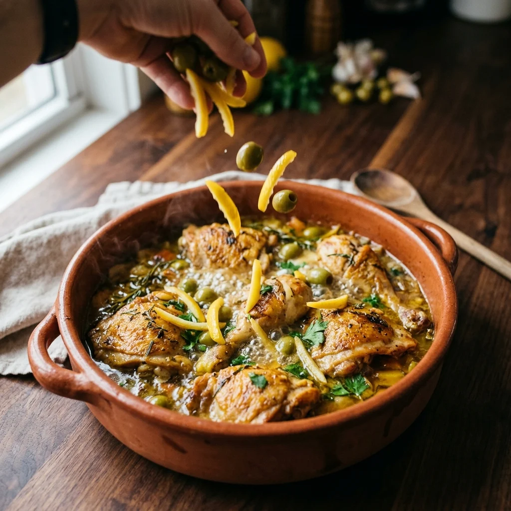 Preserved lemon strips and green olives scattered around the chicken