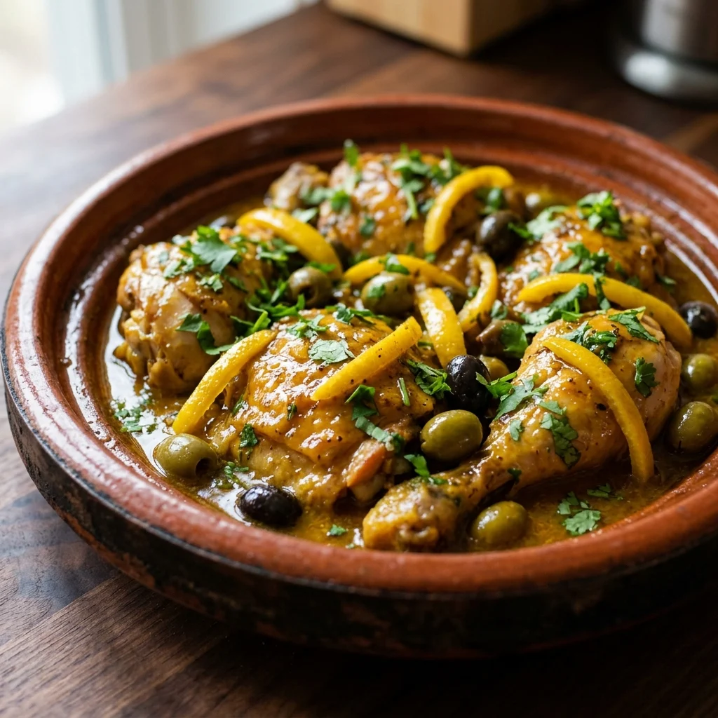 Finished chicken tagine with glossy sauce and fresh herbs