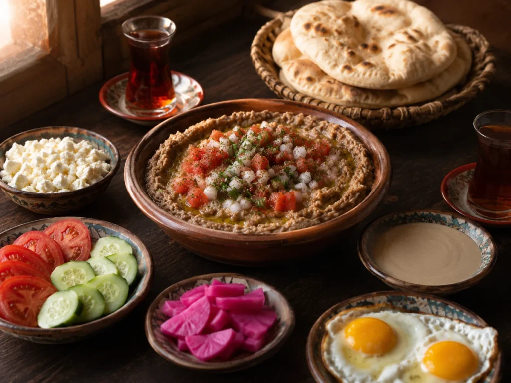 Egyptian breakfast table with ful medames, feta, tomatoes, pickles, tahina and warm flatbread