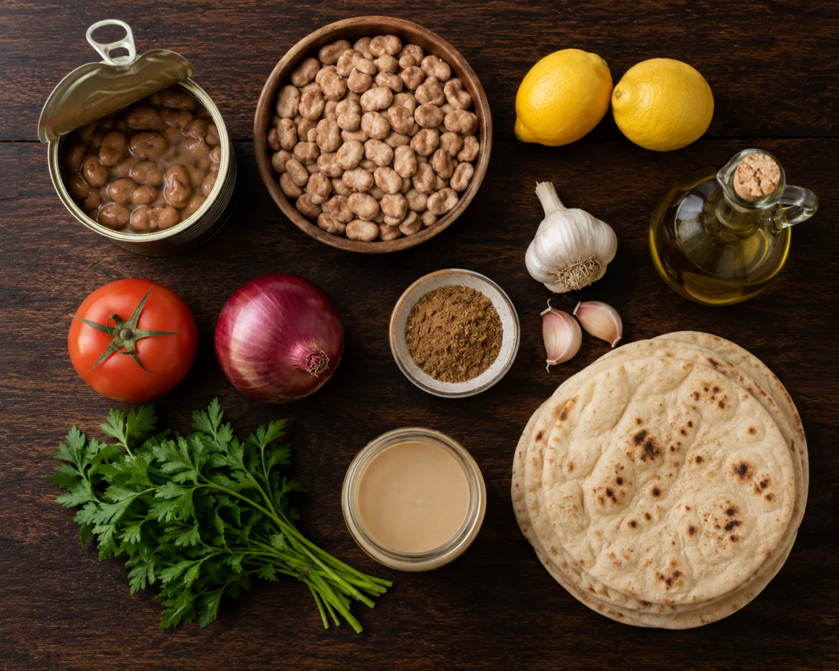 Ingredients for Egyptian breakfast ful medames: fava beans, olive oil, lemon, garlic, cumin, tomato and parsley