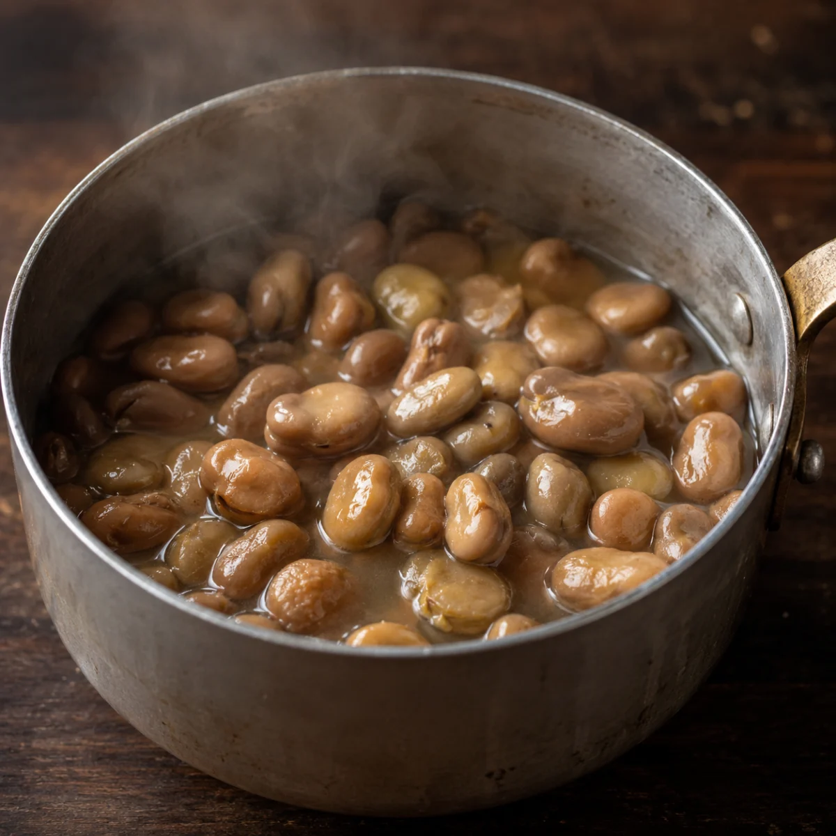 Warming fava beans gently in their liquid in a saucepan